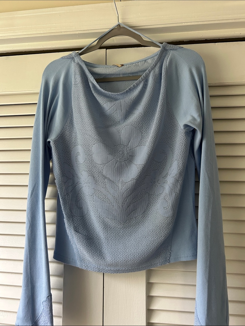 Free People Light Blue Long Sleeve Tee with Floral Raised Panel